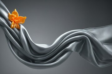 Poster - Elegant silver fabric draping with a vibrant orange flower on a gray background