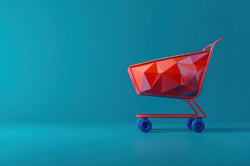 Poster - Bright red geometric shopping cart on a blue background showcasing modern design