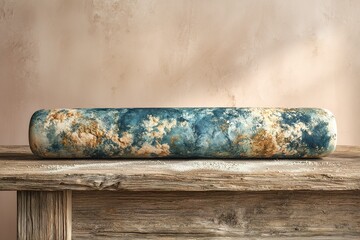 Poster - Decorative blue and gold cylinder resting on rustic wooden surface in a soft-lit setting