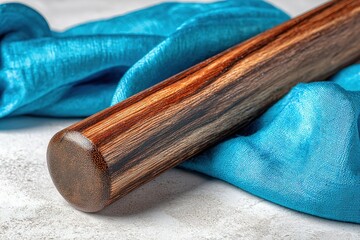 Poster - beautifully crafted wooden stick resting on soft blue fabric with a striking grain pattern