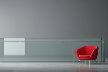 Poster - Bright red chair contrasts with minimalist gray interior in modern space design
