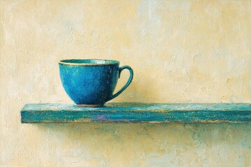 Aufkleber - Bright blue cup rests on wooden shelf against soft yellow background highlighting simplicity and elegance in home decor