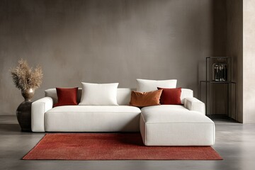 Poster - Modern living room with minimalist beige sofa and soft red accents in stylish interior design