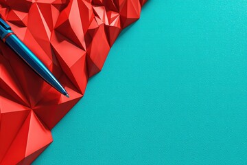 Poster - Colorful geometric design with red and teal background featuring a blue pen on a creative workspace