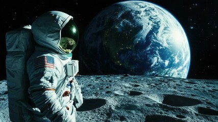 Poster - Astronaut standing on the surface of the moon with the Earth visible in the background