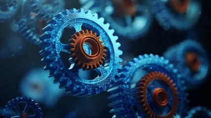 Poster - Interlocking Gears: An intricate network of blue and gold gears interlock, symbolizing innovation and interconnectedness in a captivating, abstract display. 