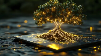 Poster - Glowing Tree Roots on Circuit Board Technology Nature Sustainable Growth Concept