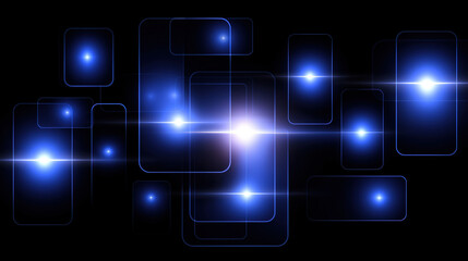 Poster - Bright blue glowing shapes create a vibrant abstract composition on a dark background