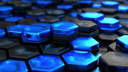 Poster - Hexagonal pattern with blue and black elements creating a 3D digital design