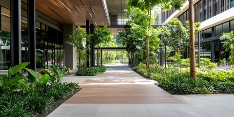 Aufkleber - modern architecture with elegant line connections showcasing sleek metal structures, surrounded by lush greenery and a calm neutral backdrop