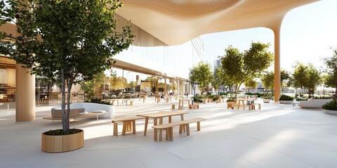 Aufkleber - Inspiring architectural innovation in an urban setting, showcasing modular structures, creative public spaces, and collaborative environments, soft neutral tones
