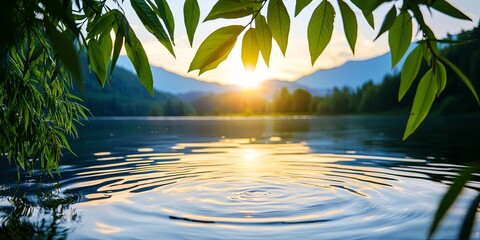 Aufkleber - line connection over a calm mountain lake at dusk, gentle ripples on water, silhouettes of trees framing the serene view