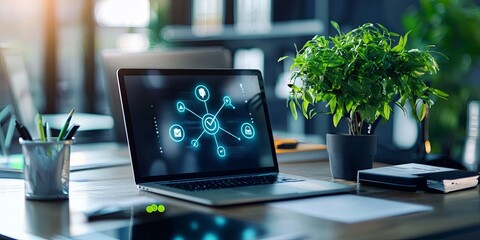 Aufkleber - a digital signature stamp overlaying an electronic contract on a modern desk, complemented by secure transaction imagery and a simple, neutral backdrop