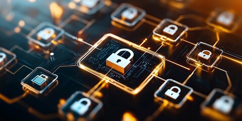 Leinwandbilder - a secure server with encrypted file icons, emphasizing user authentication credentials and data integrity shields on a sleek, neutral backdrop