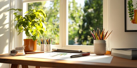 Aufkleber - Cozy workspace featuring a creative line connection through artistic tools and bright natural light, neutral background