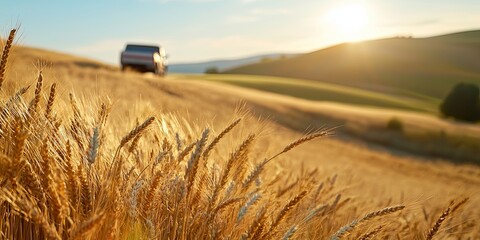 Poster - farm sunrise over golden wheat fields with farmers harvesting in the background, editorial-style, neutral background