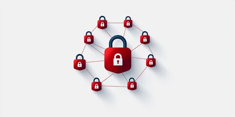 Leinwandbilder - Visualization of a secure network with encrypted data streams and a padlock icon, representing strong data protection and safe communication, set against a plain backgrou