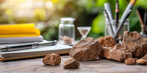 Poster - unique rock formations with a geology-themed exploration setting, featuring scientific instruments and a journal, earthy tones in a neutral background
