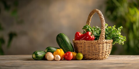 Aufkleber - vibrant vegetable crops ready for harvest with a rustic basket, showcasing farm life, editorial-style, neutral background