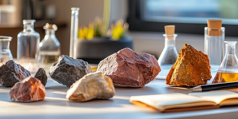 Poster - unique rock formations with a geology-themed exploration setting, featuring scientific instruments and a journal, earthy tones in a neutral background