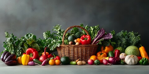 Aufkleber - vibrant vegetable crops ready for harvest with a rustic basket, showcasing farm life, editorial-style, neutral background