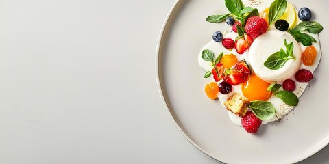 Fototapete - line connection, artistic arrangement of fresh ingredients and a stunning dessert, neutral background with subtle props
