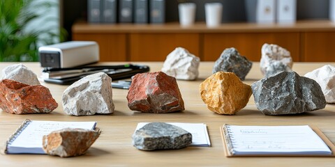 Aufkleber - Geological study of sedimentary rocks displayed on a table, with field notes and equipment, emphasizing the texture and color variations of the rocks, clean neutral backg