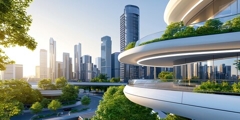 Aufkleber - Urban innovation in architecture, featuring sleek modern buildings, greenery integrated into design, and dynamic outdoor spaces, neutral cityscape background