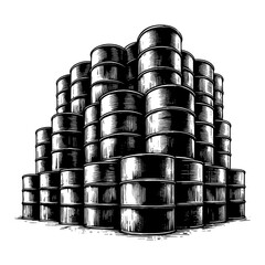 Wall Mural - giant stacked rusty oil metal barrels detailed black and white outline line art drawing engraving