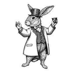 Wall Mural - elegant rabbit wearing vintage gentleman outfit top hat dancing with cup black and white outline lin