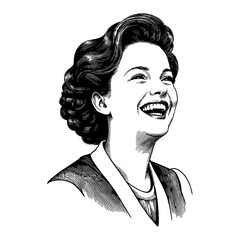 Wall Mural - woman joyfully laughing expressive face in vintage proper dress classic hairstyle black and white ou