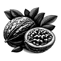 Wall Mural - detailed walnuts whole and halved with leaves black and white outline line art drawing engraving