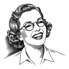 Wall Mural - joyful woman laughing with expressive face wearing glasses in vintage proper dress classic hairstyle