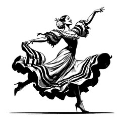 Wall Mural - woman in vintage dress dancing gracefully black and white outline line art drawing style