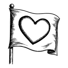Wall Mural - big flag with love shaped heart symbol black and white outline line art drawing vintage engraving st