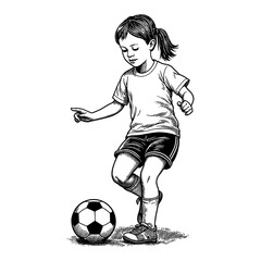 Wall Mural - young little girl playing soccer with football ball in a dynamic pose black and white outline line a