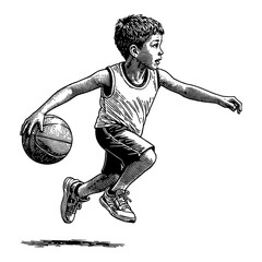 Wall Mural - a little boy playing basketball dribbling ball in dynamic black and white outline line art drawing