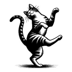Wall Mural - cat dancing playful pose black and white outline line art drawing vintage engraving style