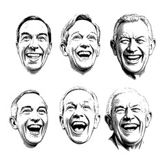 Wall Mural - group of joyful laughing grandpas faces sheet black and white outline line art drawing engraving