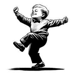 Wall Mural - little boy dancing with joy in a dynamic pose black and white outline line art drawing