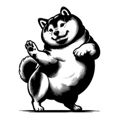 Wall Mural - smiling chubby dog dancing funny pose on hind legs black and white outline line art drawing