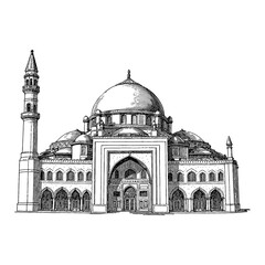 Wall Mural - engraved traditional islamic mosque building architecture historical black and white outline line ar