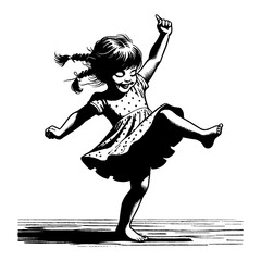 Wall Mural - happy little girl dancing energetically with pigtails in a polka dot dress black and white outline l
