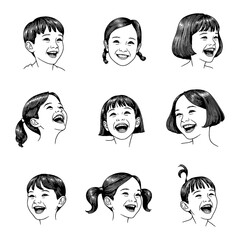 Wall Mural - little girls and boys with joyful laughing expressions faces sheet black and white outline line art 