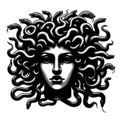 Wall Mural - mythical medusa head with snakes in hair vintage black and white outline line art drawing engraving 