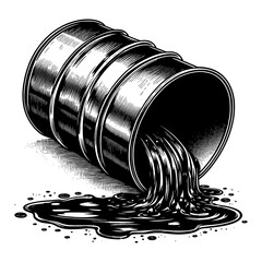 Wall Mural - heavy industrial oil barrel spilled out on ground with dark fluid pouring black and white outline li