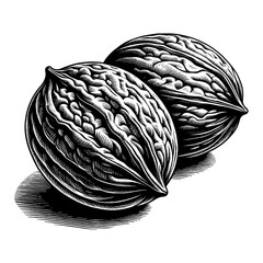Wall Mural - two walnuts whole food black and white outline line art drawing isolated vintage engraving style