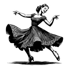 Wall Mural - woman with vintage dress dancing in black and white outline line art drawing illustration