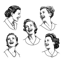 Wall Mural - women joyfully laughing featuring expressive faces with vintage dresses black and white line art