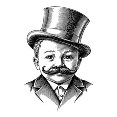Wall Mural - little baby wearing vintage suit giant top hat fake moustache black and white outline line art drawi